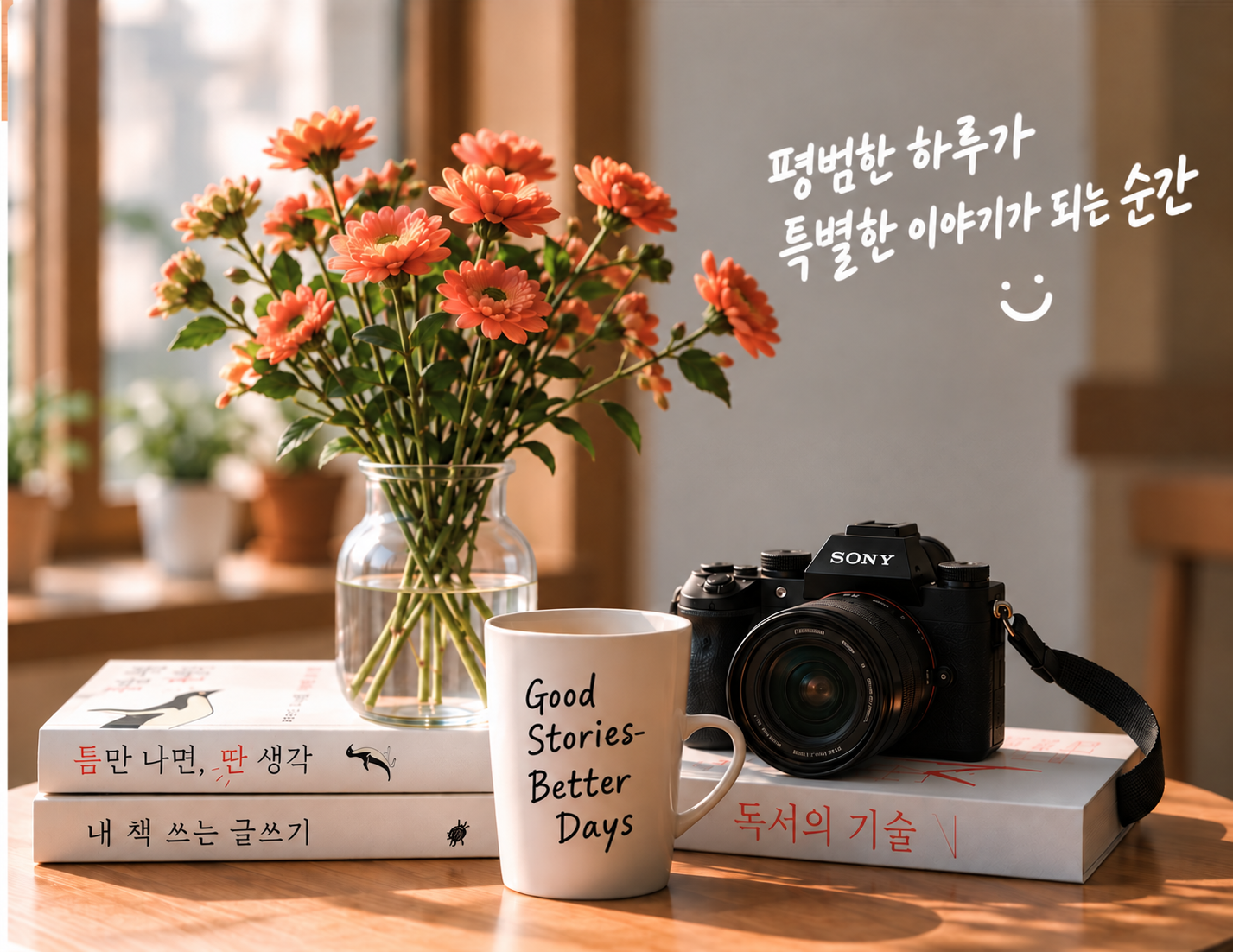 꽃과 카메라, 책이 놓인 성혜영의 작업 테이블